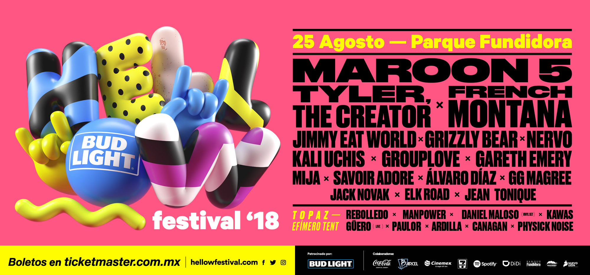 Hellow Festival - 25 de Agosto - Parque Fundidora - Maroon 5 - Tyler The Creator - French Montana - Jimmy Eat World - Grizzly Bear - Nervo - Kali Uchis - Grouplove - Gareth Emery - Mija - Savoir Adore - Álvaro Díaz - GG Magree - Jack Novak - Elk Road - Jean Tonique